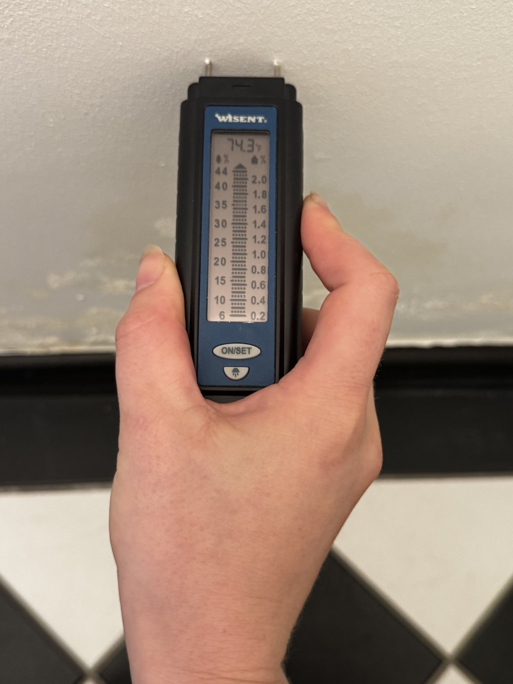 Pin-type moisture meter reading elevated moisture on the wall